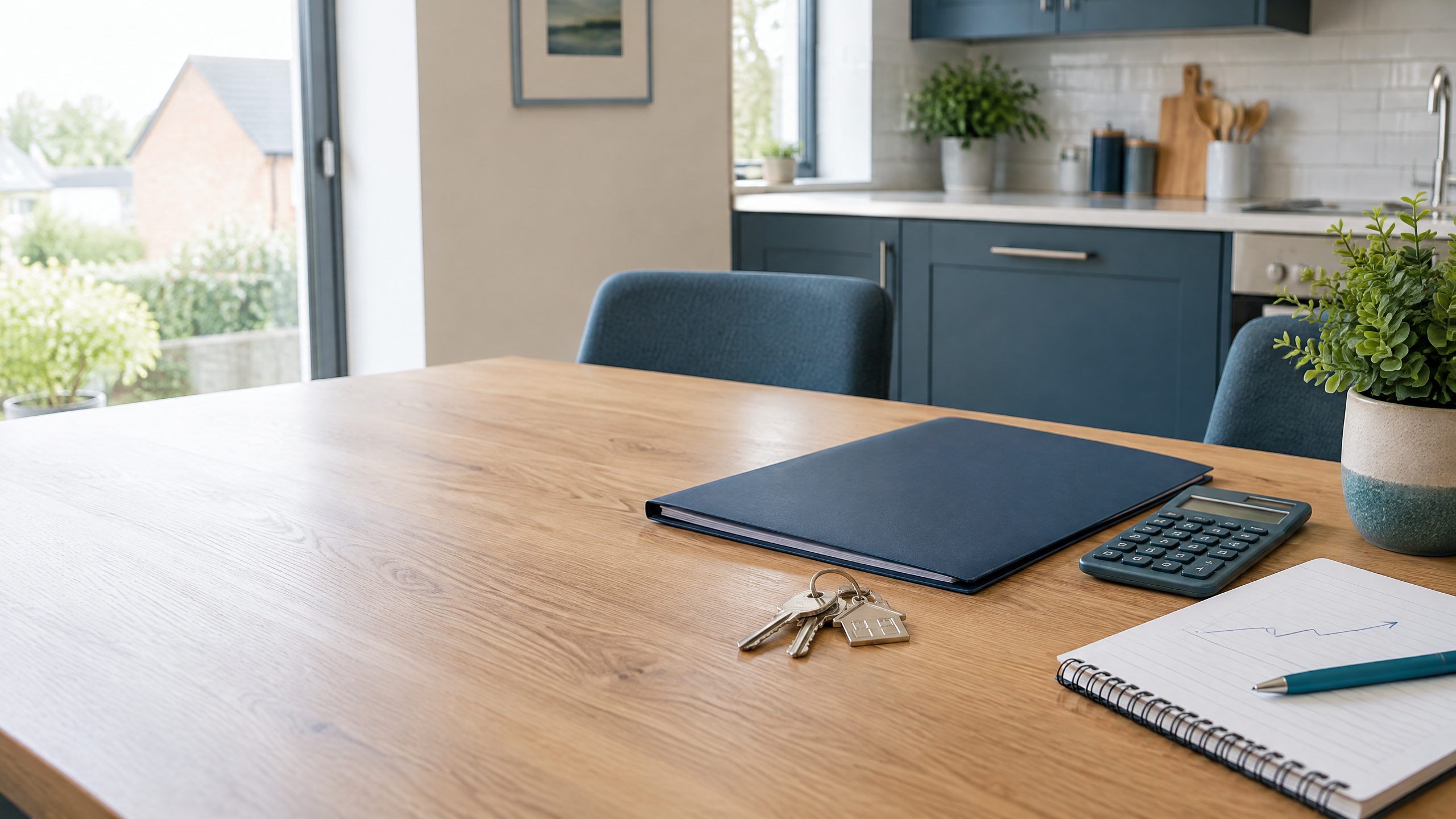 Keys, a calculator and a home-buying budget on a kitchen table