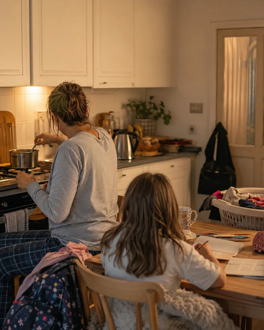 Illustrative photo of a parent at home while a child does schoolwork at the kitchen table
