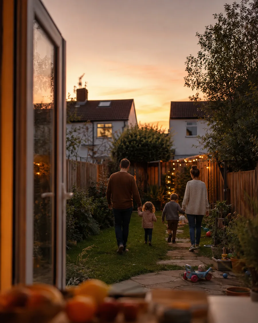 Illustrative photo of a family walking together in their garden at home