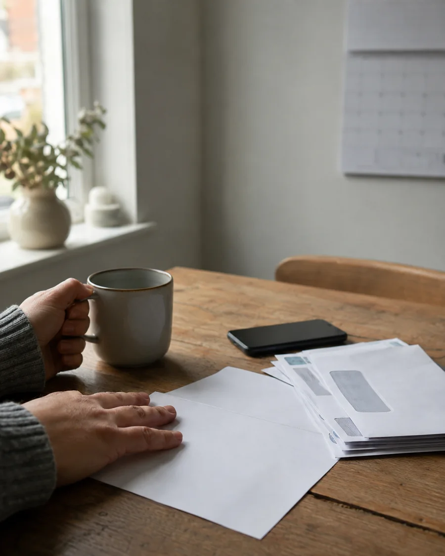 Illustrative photo of mortgage application paperwork and an unopened envelope on a kitchen table