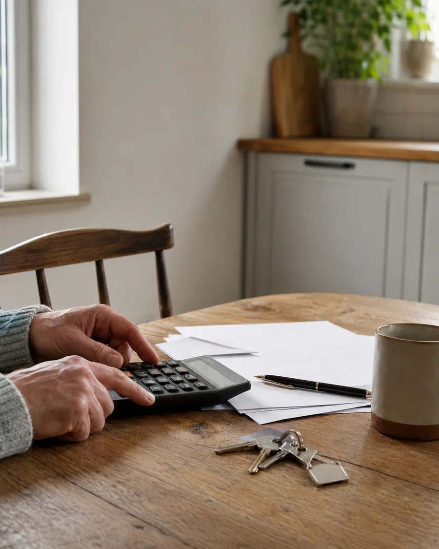 Illustrative photo of hands using a calculator beside house keys and mortgage paperwork