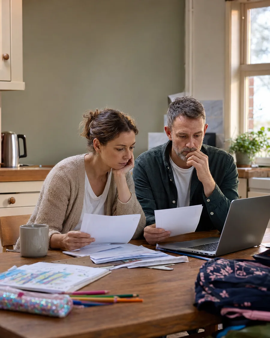Illustrative photo of a couple reviewing household paperwork and their mortgage budget at a kitchen table